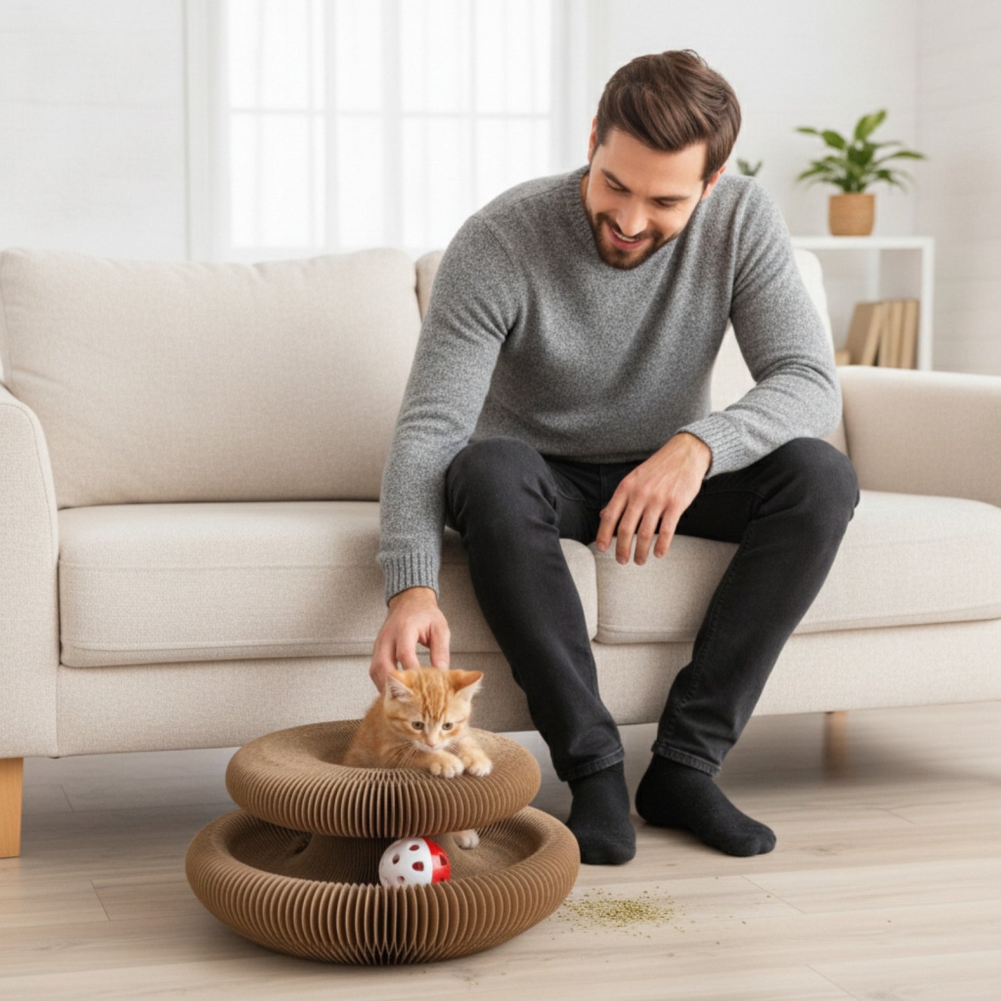 Gratte-chat pliable en carton avec clochette et herbe à chat - Jouet interactif pour chatons