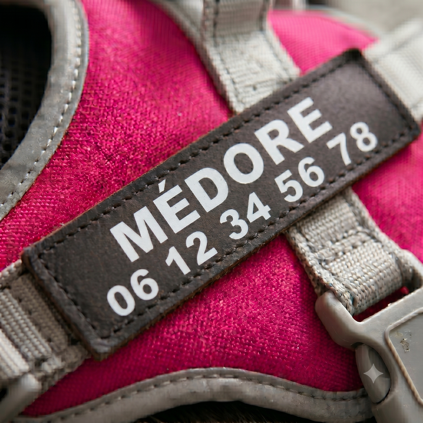 Gros plan sur le patch personnalisé d'un harnais chien fuchsia avec prénom et numéro de téléphone brodés pour identification et sécurité