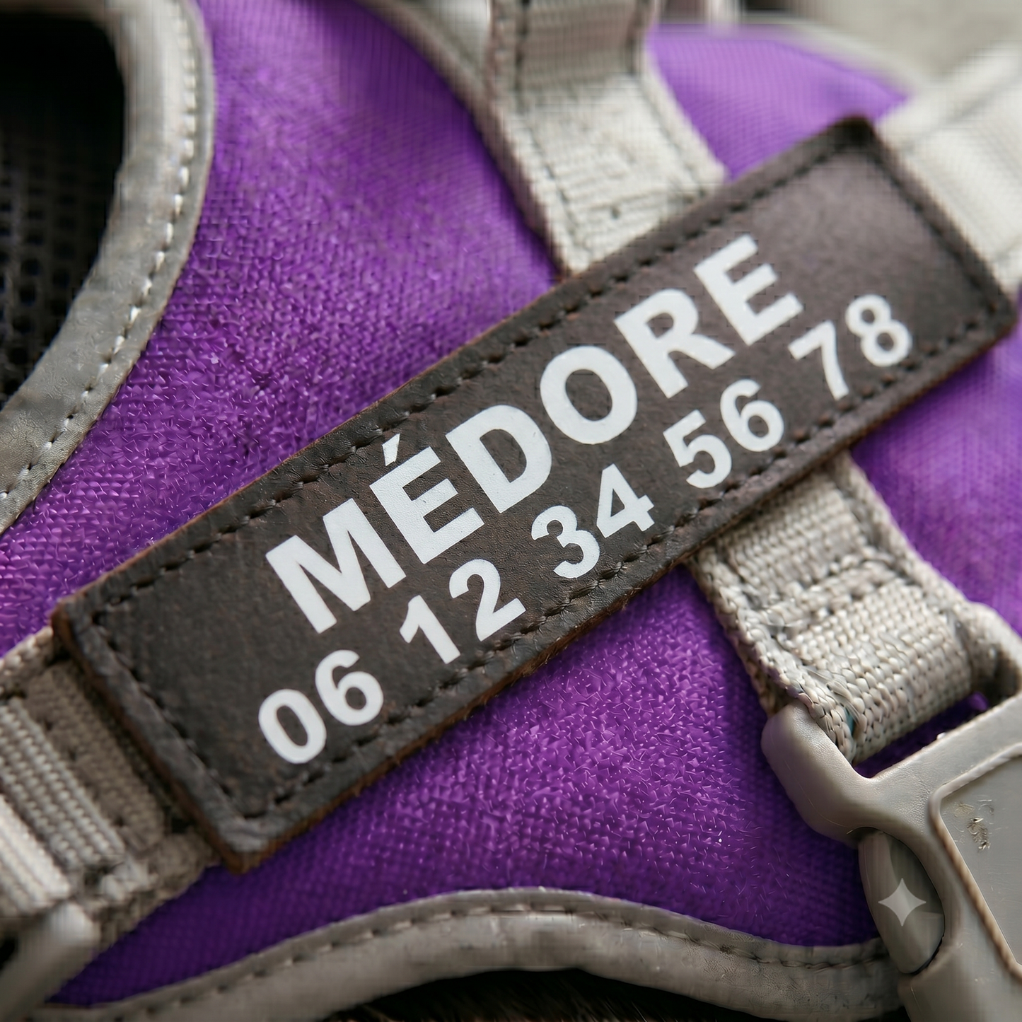 Gros plan sur le patch personnalisé d'un harnais chien violet et blanc avec prénom et numéro de téléphone brodés pour identification et sécurité