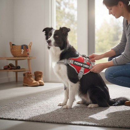 Harnais anti-traction personnalisé chien rouge SécuriPatte – bandes réfléchissantes