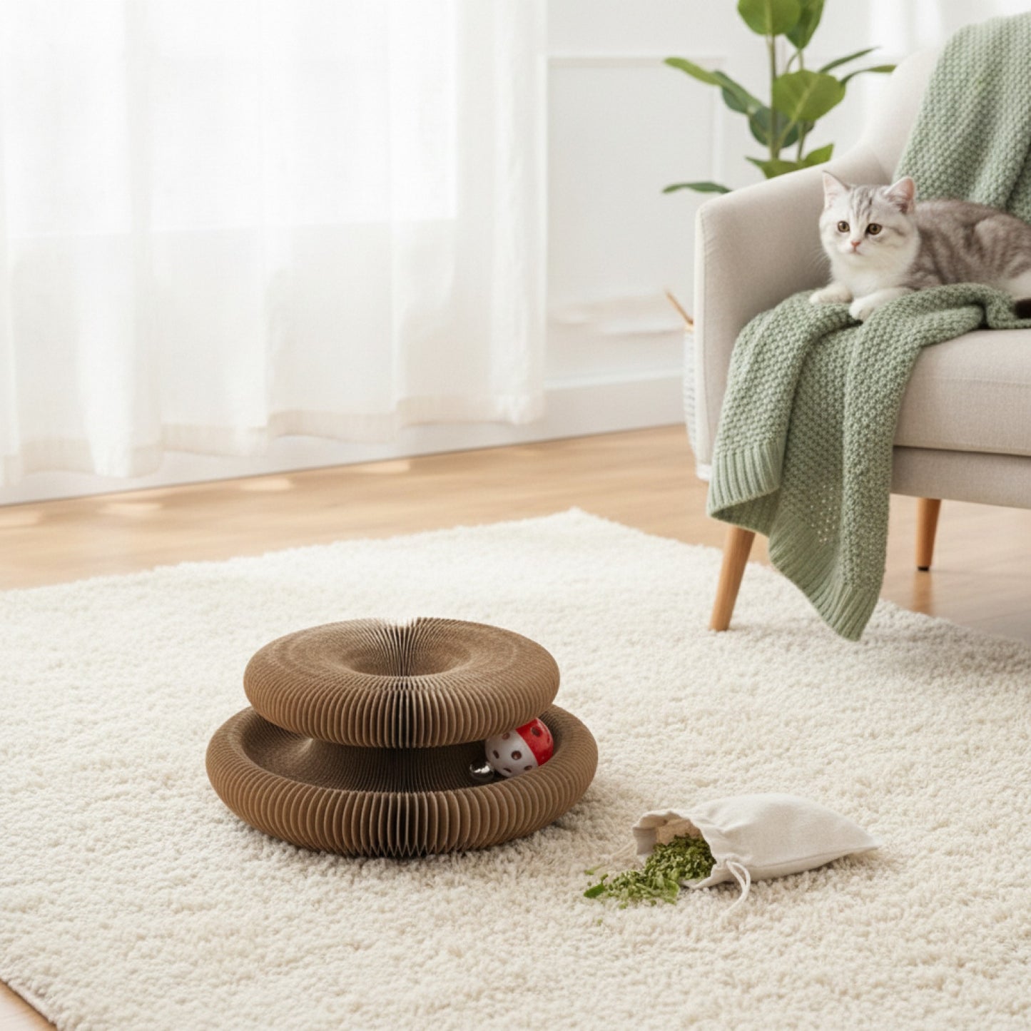 Gratte-chat pliable en carton avec clochette et herbe à chat - Jouet interactif pour chatons