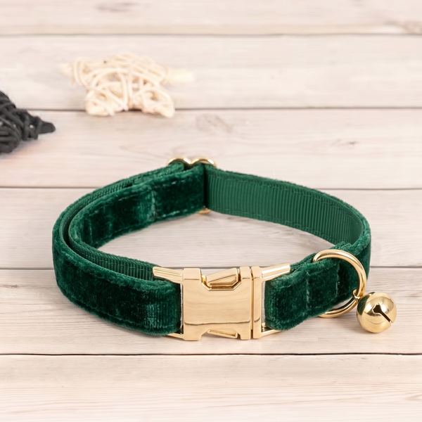 Collier chat et petit chien en velours vert émeraude avec boucle dorée personnalisable et grelot, ajustable et élégant