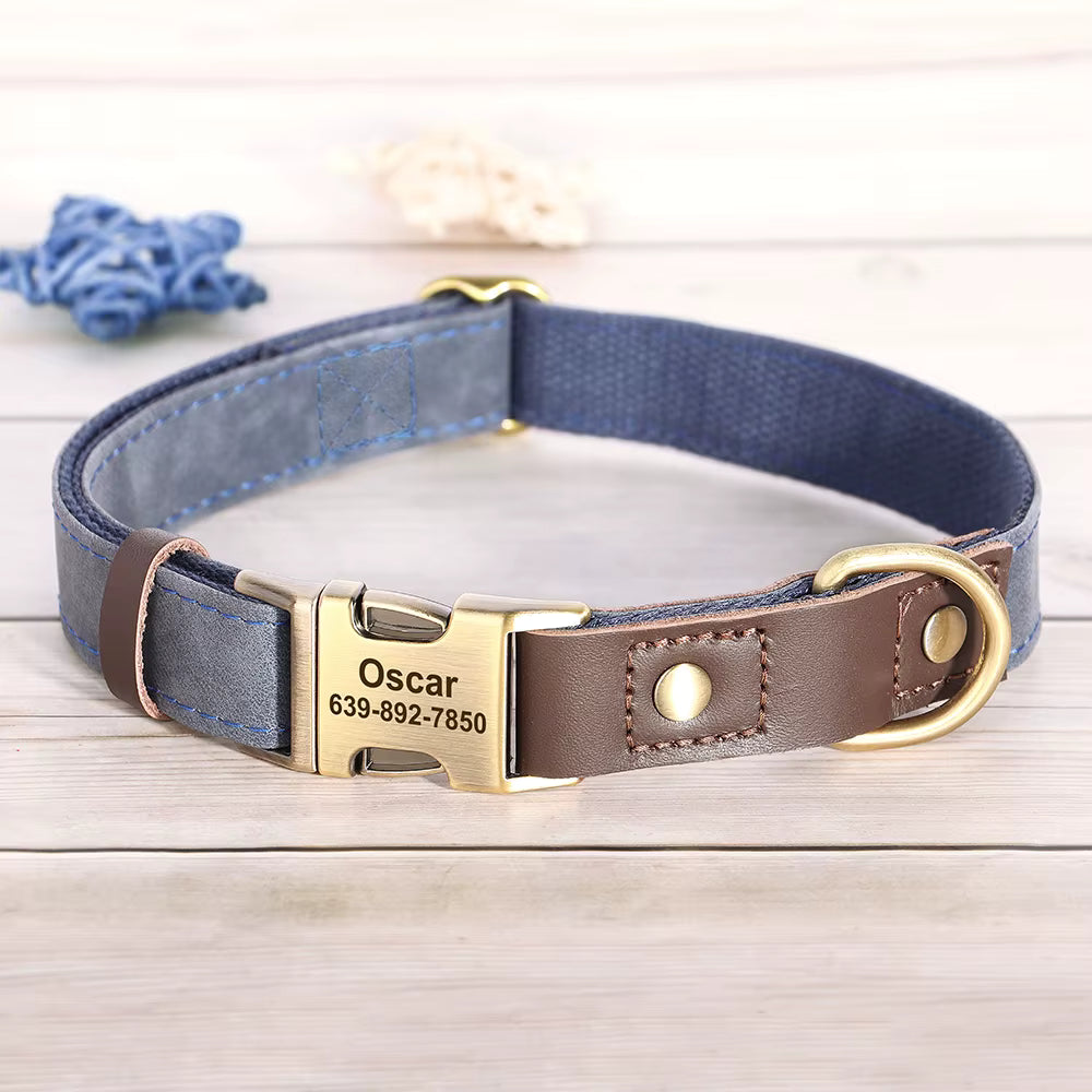 Collier chien personnalisé bleu marine avec boucle dorée gravée prénom et numéro de téléphone, garniture cuir marron ajustable