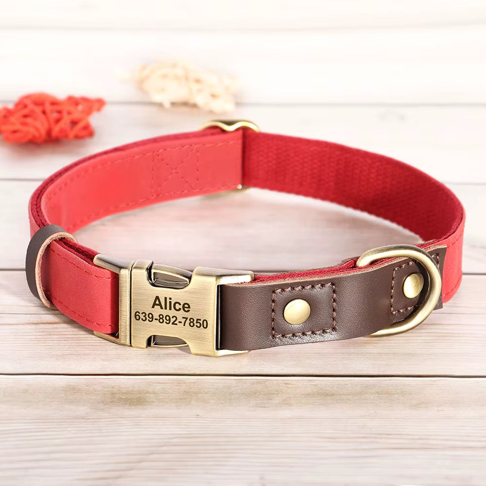 Collier chien personnalisé rouge avec boucle dorée gravée prénom et numéro de téléphone, garniture cuir marron ajustable