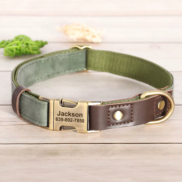 Collier chien personnalisé vert olive avec boucle dorée gravée prénom et numéro de téléphone, garniture cuir marron ajustable