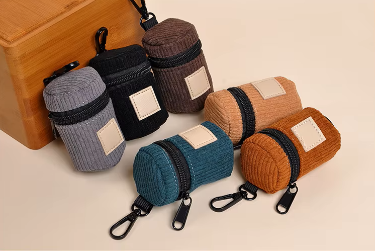 Housses distributeurs de sacs à crottes pour chien en velours côtelé avec fermeture éclair et mousqueton, compact et pratique pour les balades