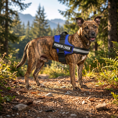 Chien de taille moyenne portant un harnais personnalisé bleu et noir avec prénom en randonnée en forêt, bande réfléchissante et poignée de maintien visibles