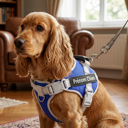 Cocker Spaniel portant un harnais personnalisé bleu royal et blanc avec prénom, tenu en laisse à l'intérieur, prêt pour la sortie