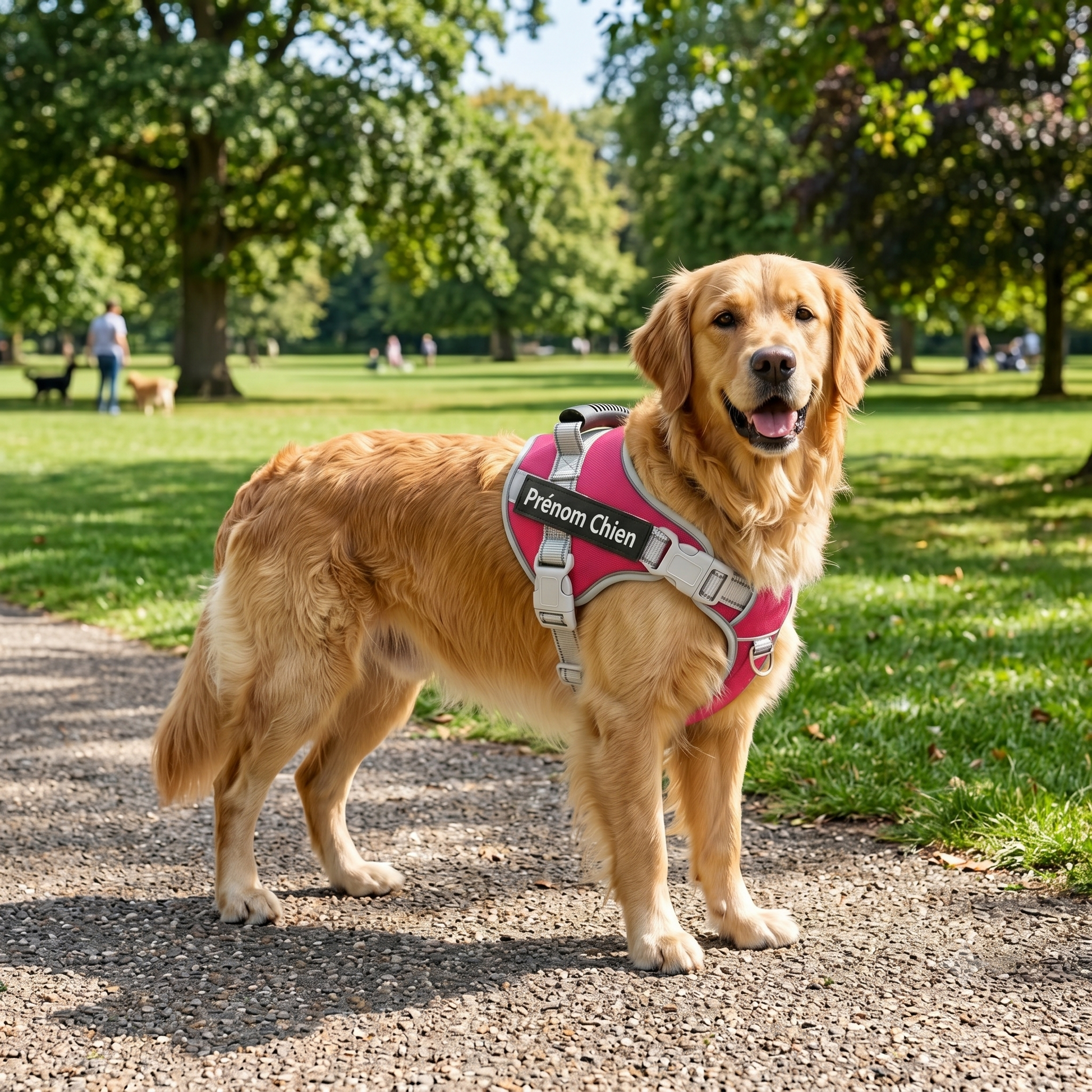 Golden Retriever portant un harnais personnalisé fuchsia et blanc avec prénom lors d'une balade en parc ensoleillé