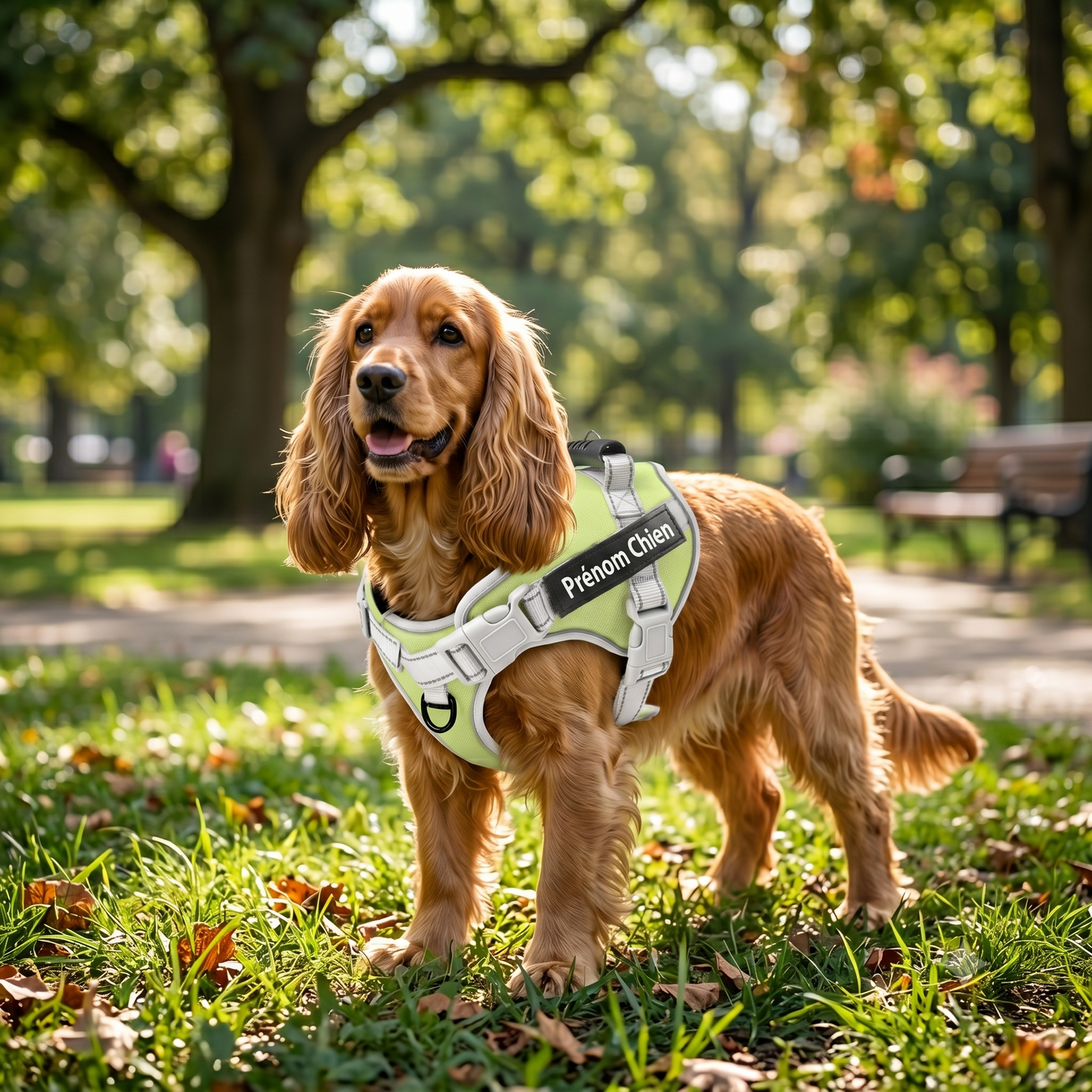 Cocker Spaniel portant un harnais personnalisé jaune fluo et blanc avec prénom lors d'une balade en parc ensoleillé
