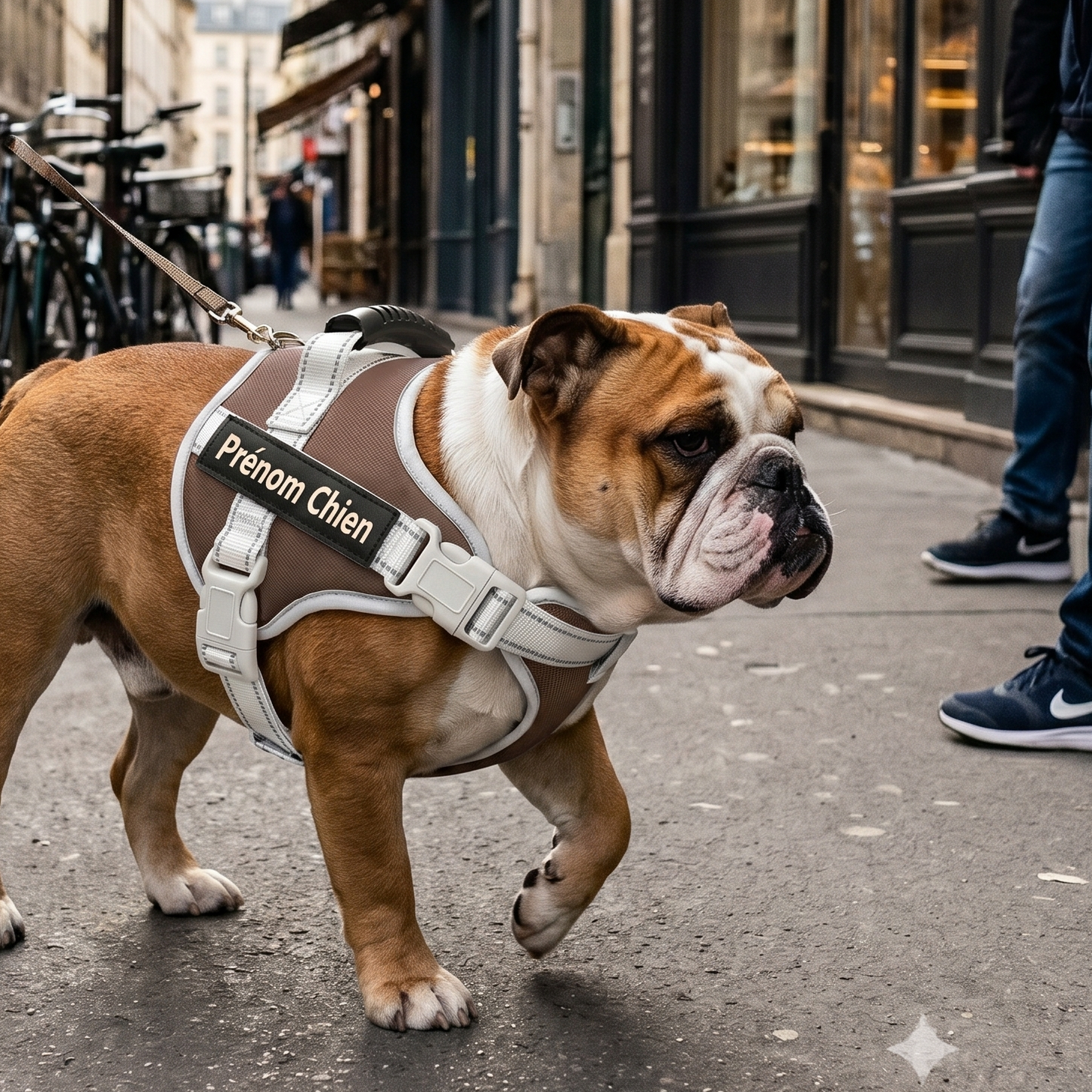 Bulldog Anglais portant un harnais personnalisé marron et blanc avec prénom en balade dans une rue de Paris, tenu en laisse