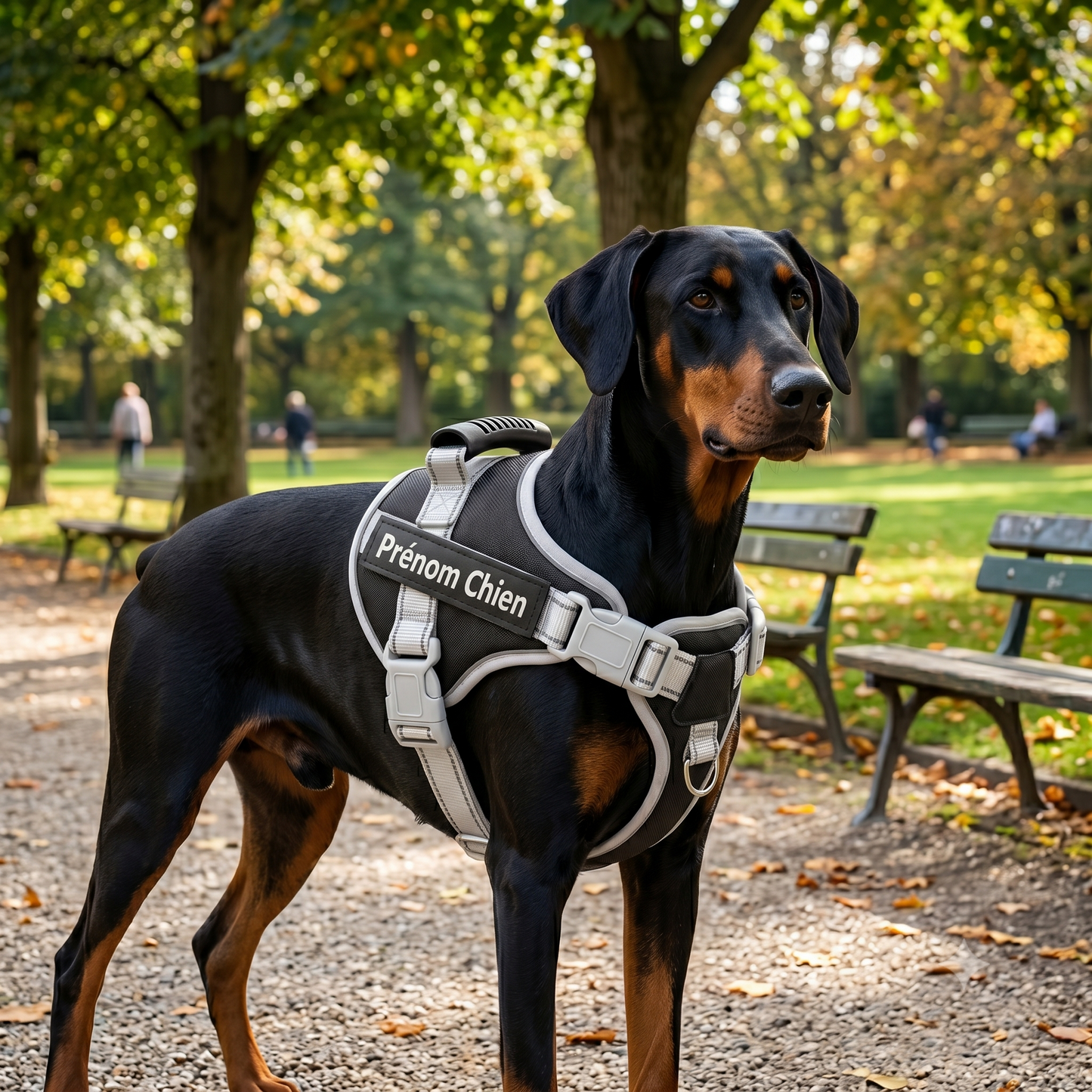 Doberman portant un harnais personnalisé noir et blanc avec prénom lors d'une balade en parc en automne, poignée de maintien visible