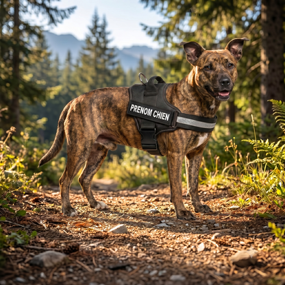 Chien de taille moyenne portant un harnais personnalisé noir avec prénom en randonnée en forêt, idéal pour les sorties en nature