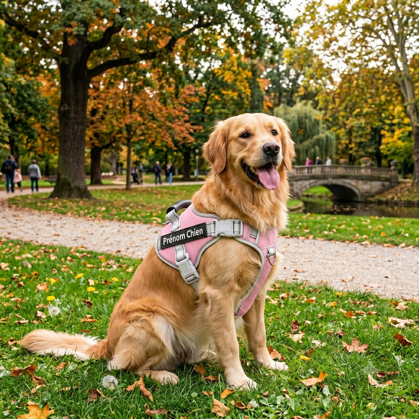 Golden Retriever portant un harnais personnalisé rose et blanc avec prénom lors d'une balade en parc en automne