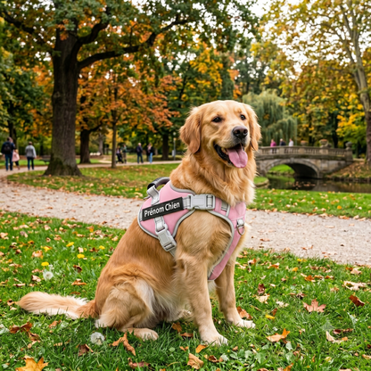 Golden Retriever portant un harnais personnalisé rose et blanc avec prénom lors d'une balade en parc en automne