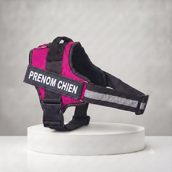 Harnais chien personnalisé rose et noir avec patch prénom, bande réfléchissante et poignée de maintien, ajustable toutes tailles