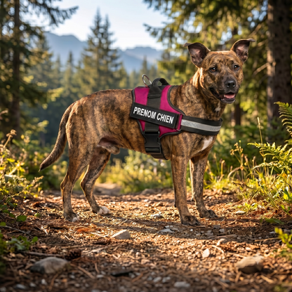 Chien de taille moyenne portant un harnais personnalisé rose et noir avec prénom en randonnée en forêt, bande réfléchissante et poignée de maintien visibles