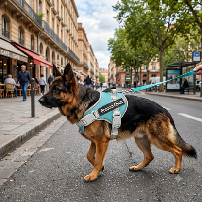 Berger Allemand portant un harnais personnalisé turquoise et blanc avec prénom en balade en ville, tenu en laisse par son maître