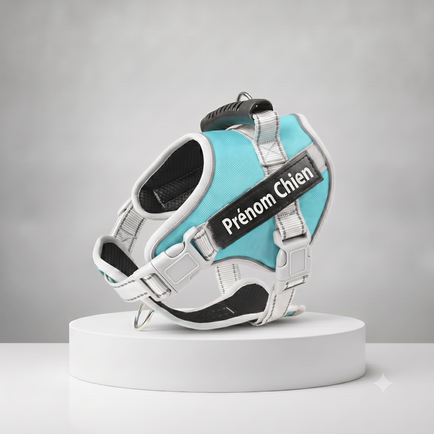 Harnais chien personnalisé turquoise et blanc avec prénom brodé, rembourré et ajustable, poignée de maintien intégrée