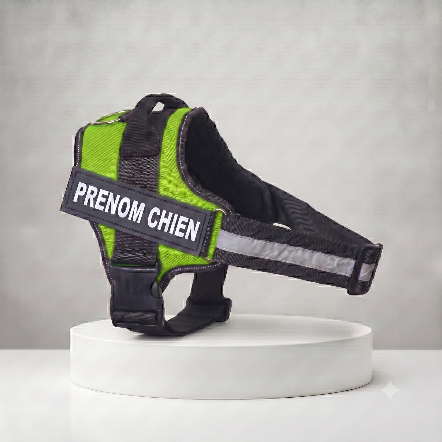 Harnais chien personnalisé vert et noir avec patch prénom, bande réfléchissante et poignée de maintien, ajustable toutes tailles