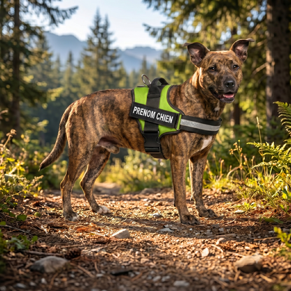 Chien de taille moyenne portant un harnais personnalisé vert et noir avec prénom en randonnée en forêt, bande réfléchissante visible