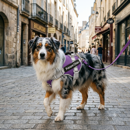 Berger Australien portant un harnais personnalisé violet et blanc avec prénom en balade dans une rue pavée de centre-ville français