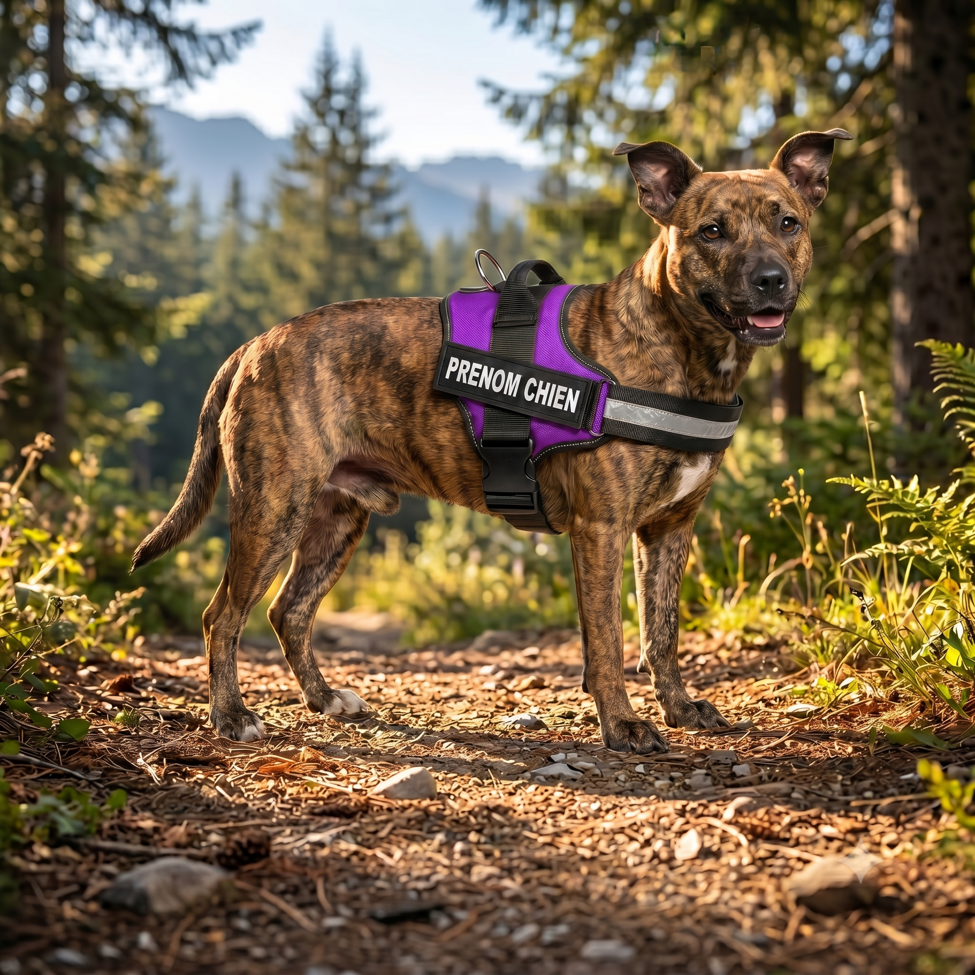 Chien de taille moyenne portant un harnais personnalisé violet et noir avec prénom en randonnée en forêt, bande réfléchissante et poignée de maintien visibles