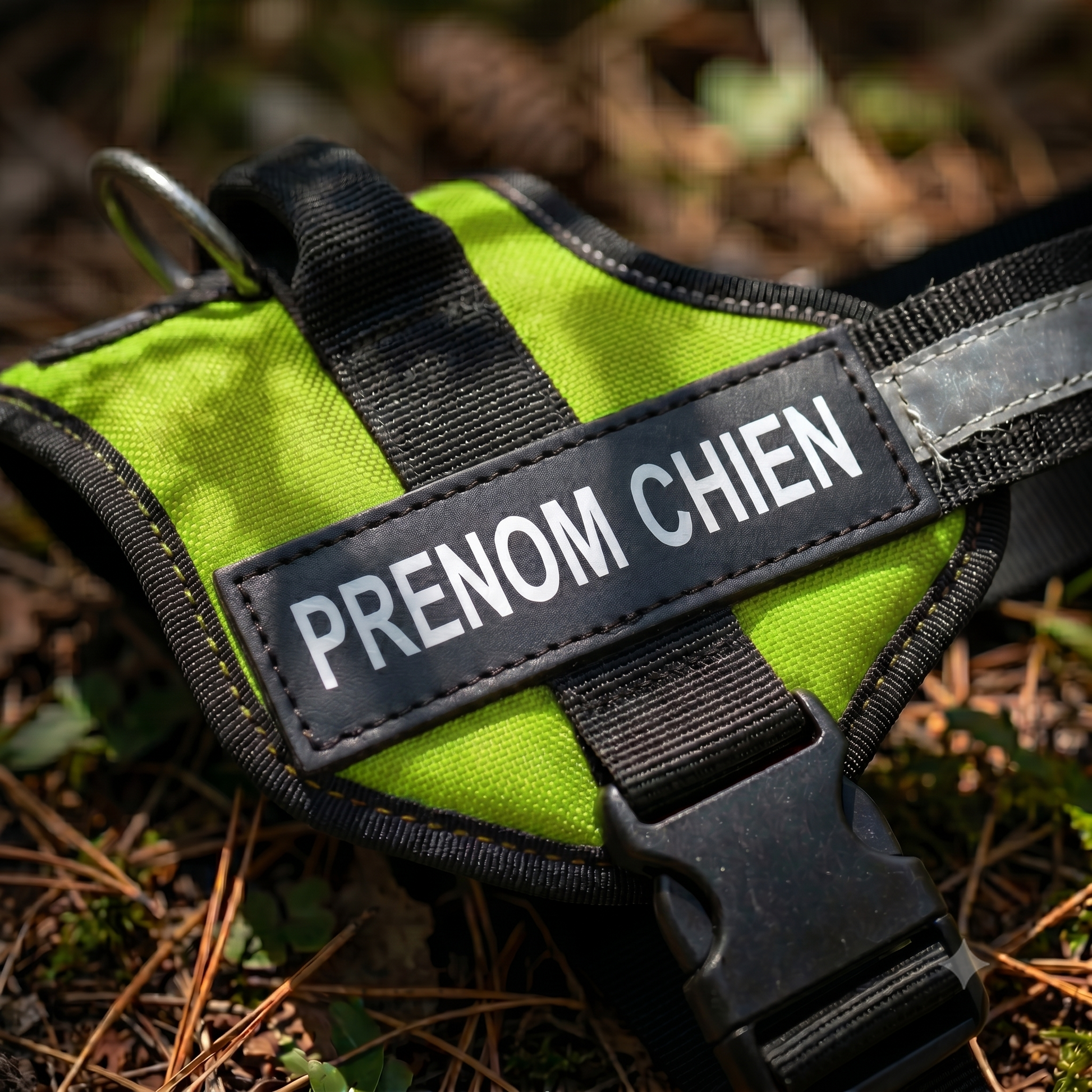 Gros plan sur le patch prénom réfléchissant d'un harnais chien personnalisé vert et noir posé en extérieur, avec boucle de sécurité et anneau de laisse