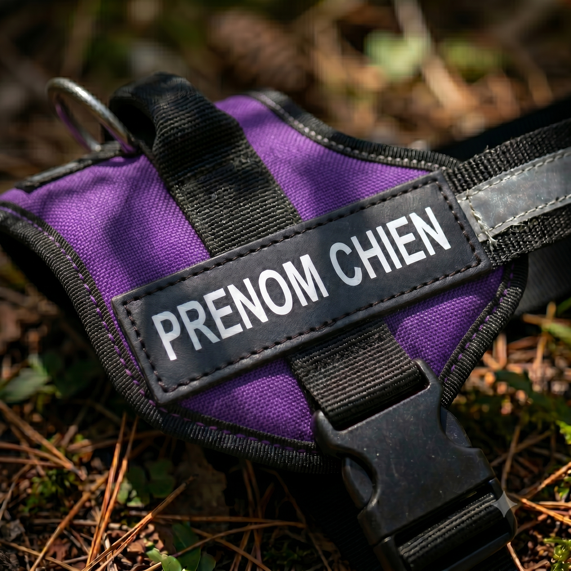 Gros plan sur le patch prénom réfléchissant d'un harnais chien personnalisé violet et noir posé en extérieur, avec boucle de sécurité et anneau de laisse