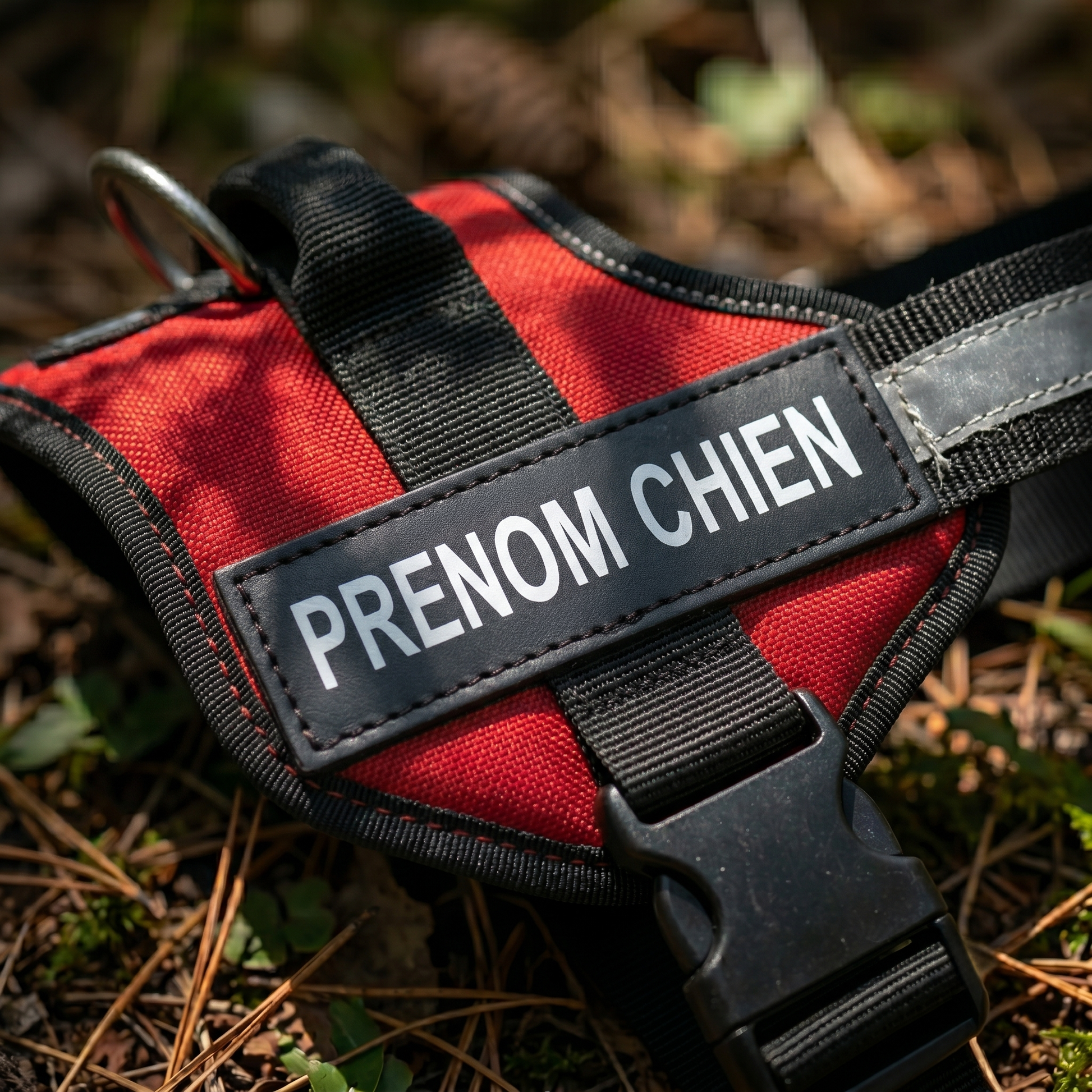Détail d'un harnais personnalisé rouge pour chien avec étiquette de nom en forêt