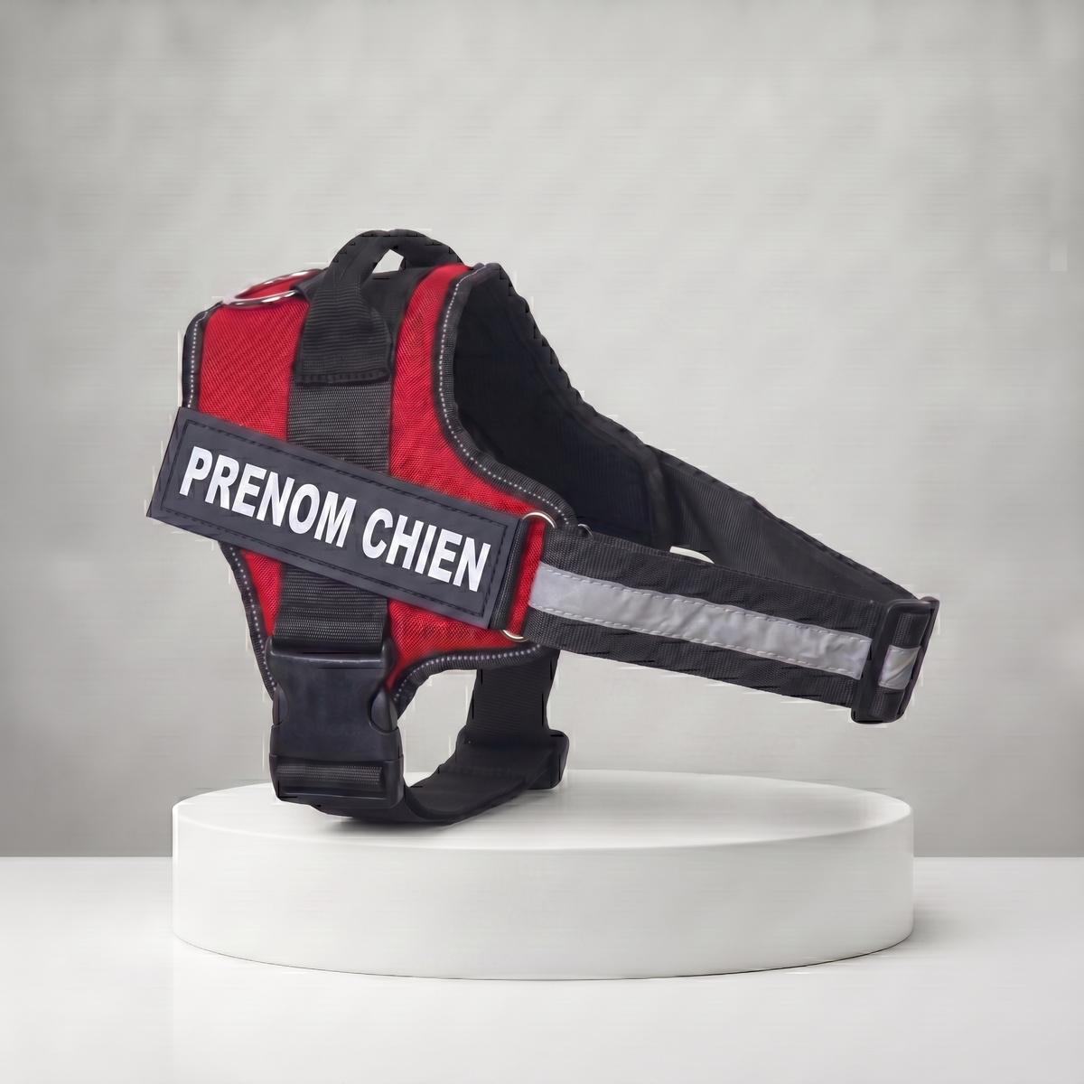 Harnais personnalisé rouge et noir pour chien avec bande réfléchissante et étiquette prénom
