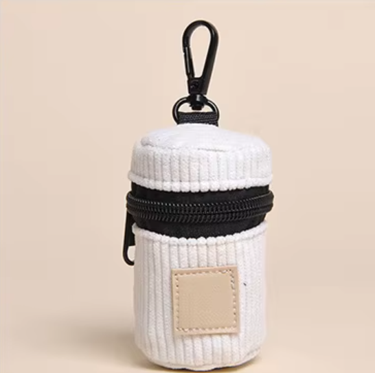 Housse distributeur de sacs à crottes pour chien en velours côtelé blanc avec fermeture éclair et mousqueton, compact et pratique pour les balades