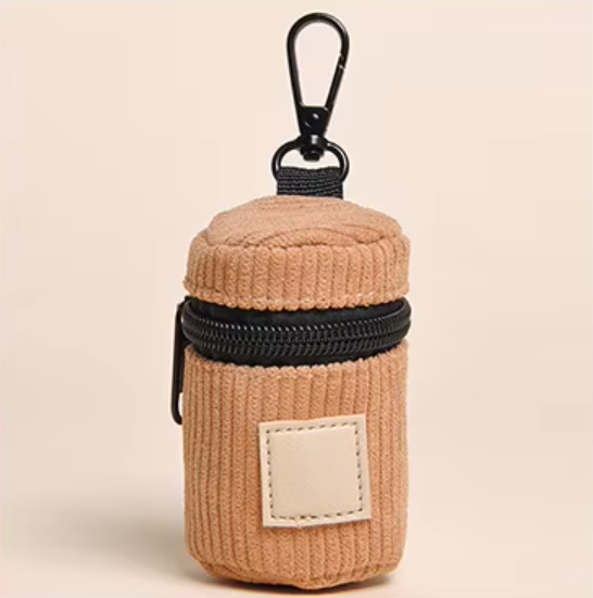 Housse distributeur de sacs à crottes pour chien en velours côtelé orange avec fermeture éclair et mousqueton, compact et pratique pour les balades